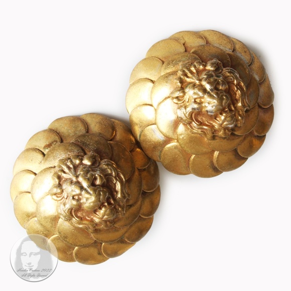 Rare Chanel Earrings Roaring Lion Head Art Deco Style Clip On Vintage 70s HTF - Picture 5 of 15